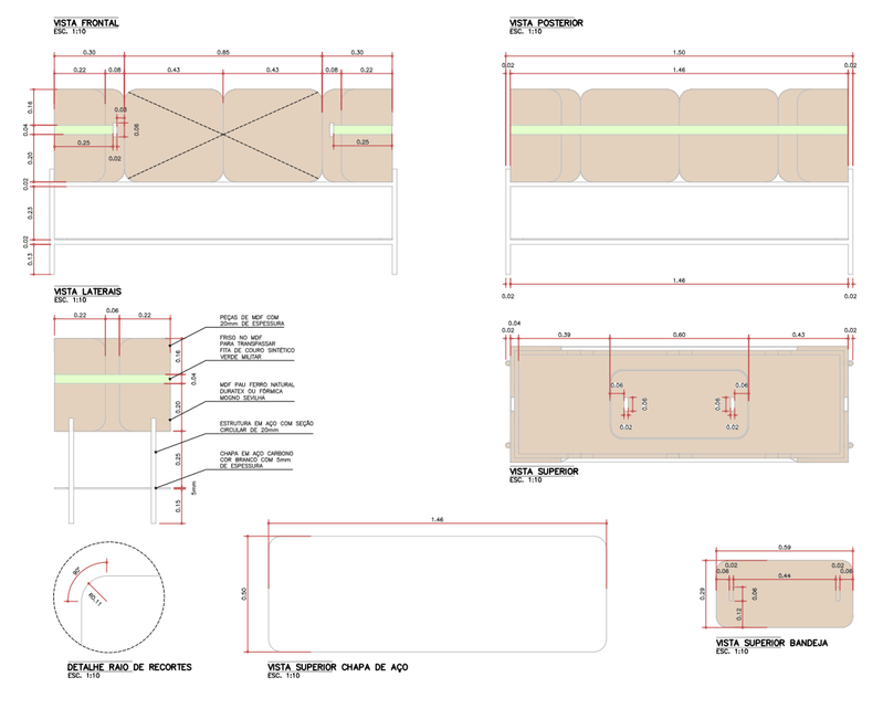 Desenho técnico e dimensões do aparador TROPICALLI
